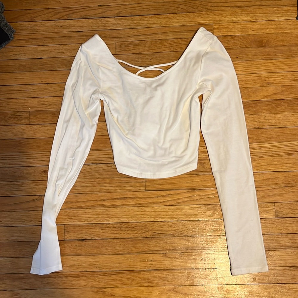 small cropped white long sleeve tee with tie up back from aeropostale
